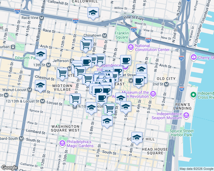 map of restaurants, bars, coffee shops, grocery stores, and more near 729 Sansom Street in Philadelphia