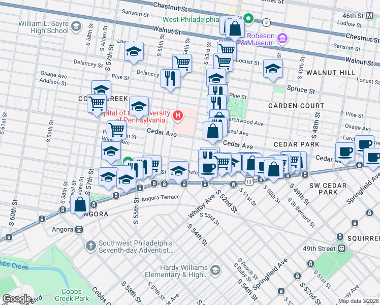 map of restaurants, bars, coffee shops, grocery stores, and more near 5311 Catharine Street in Philadelphia
