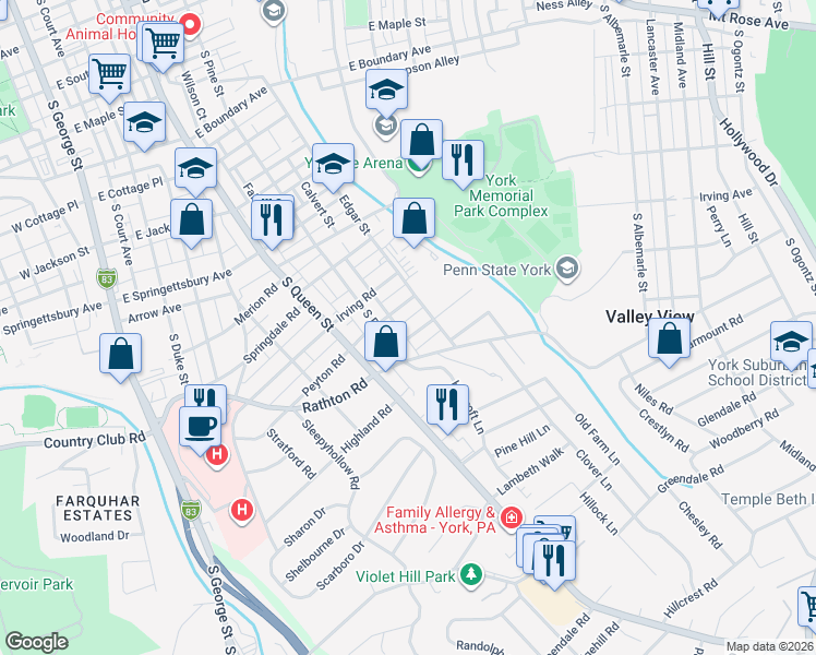 map of restaurants, bars, coffee shops, grocery stores, and more near 327 Creston Road in York