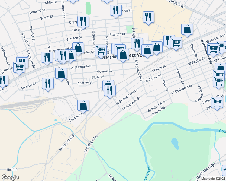 map of restaurants, bars, coffee shops, grocery stores, and more near 1569 West King Street in West York