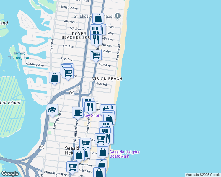 map of restaurants, bars, coffee shops, grocery stores, and more near 4 Colony Road in Seaside Heights