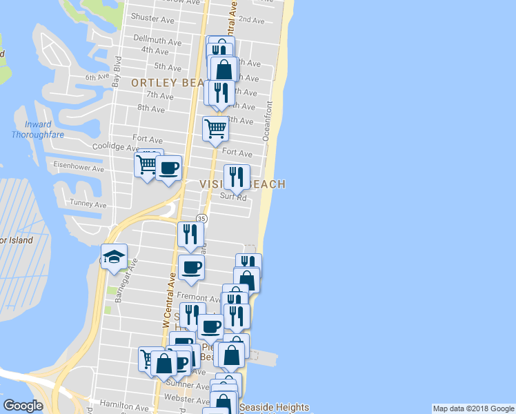 map of restaurants, bars, coffee shops, grocery stores, and more near 13 Dune Terrace in Seaside Heights