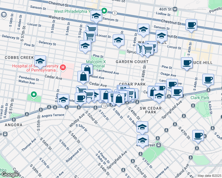 map of restaurants, bars, coffee shops, grocery stores, and more near 5011 Walton Avenue in Philadelphia