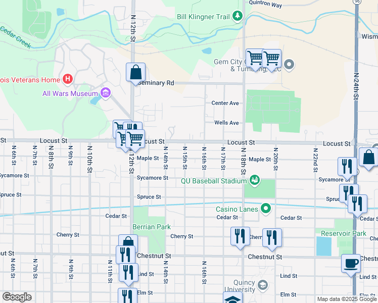 map of restaurants, bars, coffee shops, grocery stores, and more near 1518 North 15th Street in Quincy