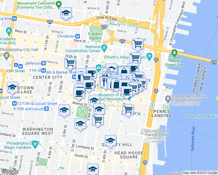 map of restaurants, bars, coffee shops, grocery stores, and more near 231-35 North 2nd Street in Philadelphia