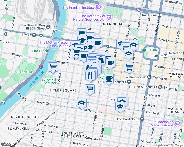 map of restaurants, bars, coffee shops, grocery stores, and more near 228 South 20th Street in Philadelphia