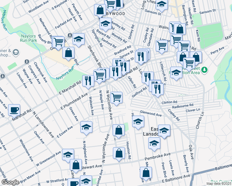 map of restaurants, bars, coffee shops, grocery stores, and more near 7020 Guilford Road in Upper Darby