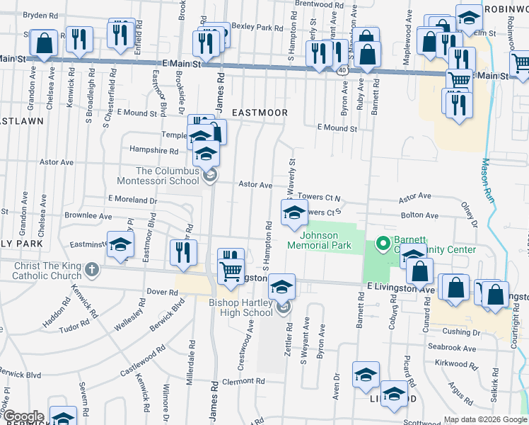 map of restaurants, bars, coffee shops, grocery stores, and more near 1071 South Hampton Road in Columbus