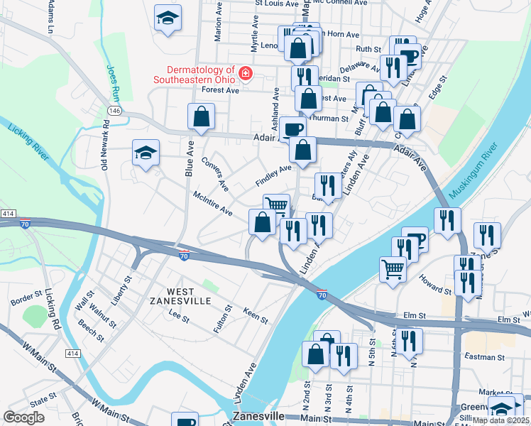map of restaurants, bars, coffee shops, grocery stores, and more near 718 Convers Avenue in Zanesville