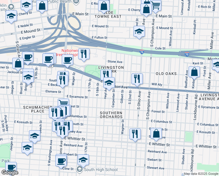 map of restaurants, bars, coffee shops, grocery stores, and more near 825 East Livingston Avenue in Columbus