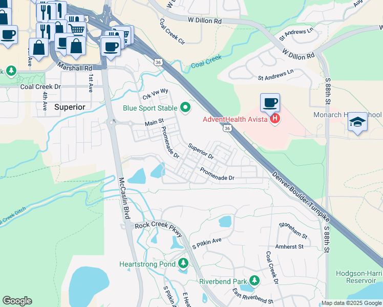 map of restaurants, bars, coffee shops, grocery stores, and more near 2335 Village Green Way in Superior