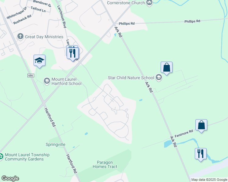 map of restaurants, bars, coffee shops, grocery stores, and more near 905A Harwood Court in Mount Laurel Township