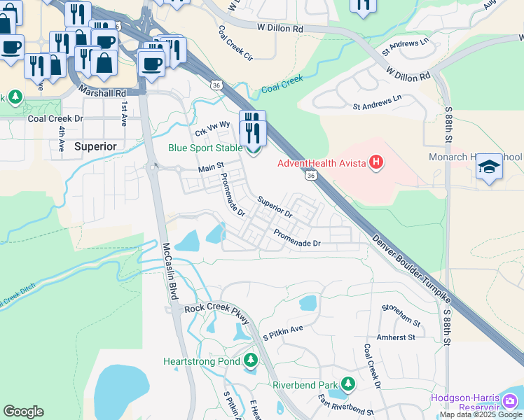 map of restaurants, bars, coffee shops, grocery stores, and more near 2335 Village Green Way in Superior
