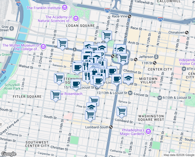 map of restaurants, bars, coffee shops, grocery stores, and more near 1600 Walnut Street in Philadelphia