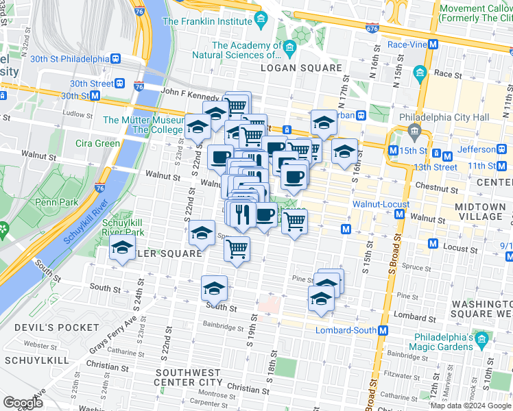 map of restaurants, bars, coffee shops, grocery stores, and more near 233 South 20th Street in Philadelphia