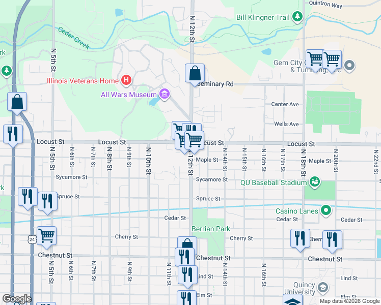map of restaurants, bars, coffee shops, grocery stores, and more near 1500-1526 N 12th St in Quincy