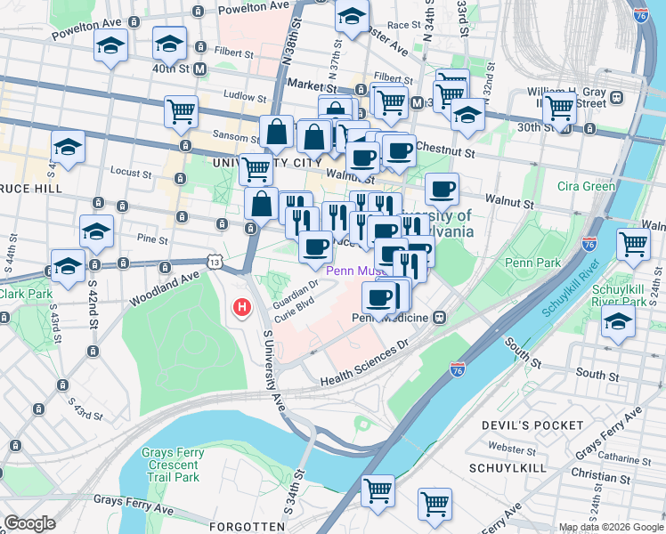 map of restaurants, bars, coffee shops, grocery stores, and more near Hamilton Walk & 36th St in Philadelphia