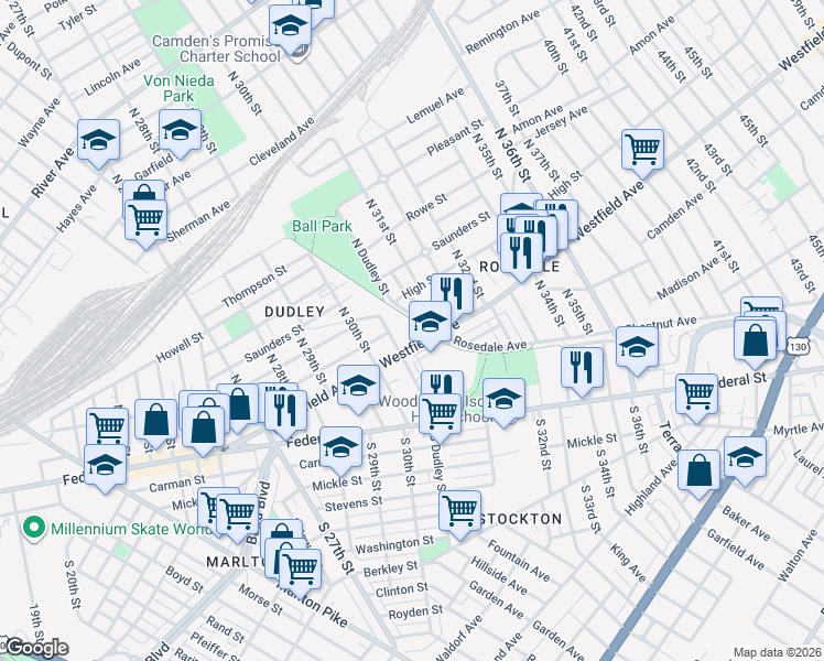 map of restaurants, bars, coffee shops, grocery stores, and more near 3115 Westfield Avenue in Camden