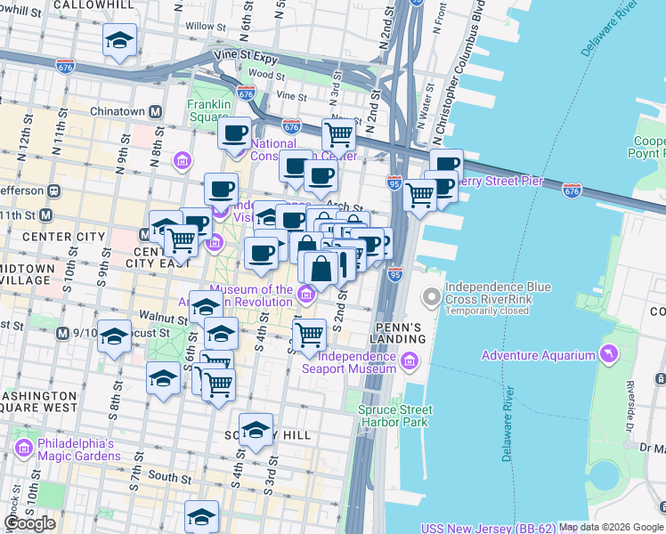 map of restaurants, bars, coffee shops, grocery stores, and more near in Philadelphia