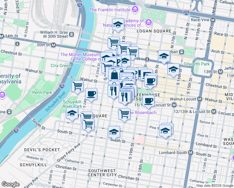 map of restaurants, bars, coffee shops, grocery stores, and more near 259 South 21st Street in Philadelphia