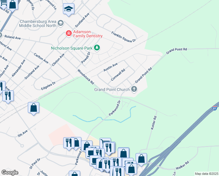 map of restaurants, bars, coffee shops, grocery stores, and more near 2358 Somerset Road in Chambersburg