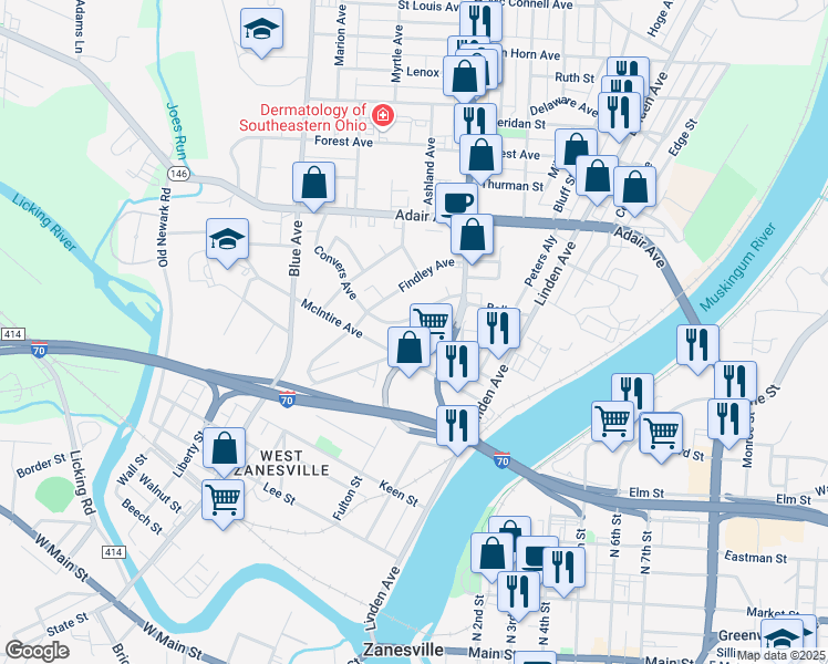 map of restaurants, bars, coffee shops, grocery stores, and more near 718 Convers Avenue in Zanesville