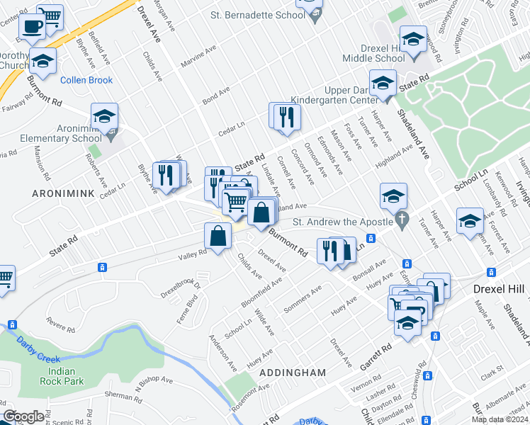 map of restaurants, bars, coffee shops, grocery stores, and more near 4211 Woodland Avenue in Drexel Hill