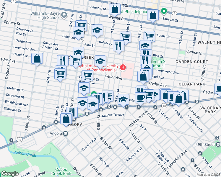 map of restaurants, bars, coffee shops, grocery stores, and more near 5425 Catharine Street in Philadelphia