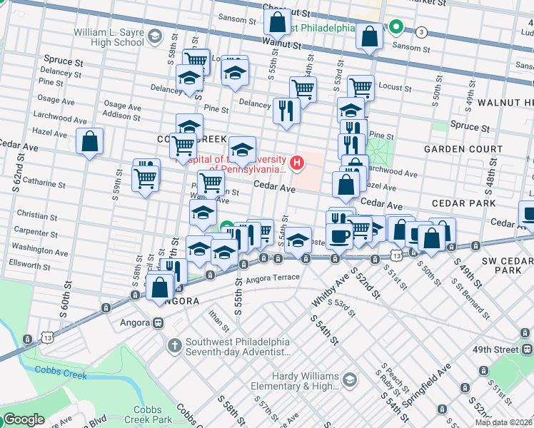 map of restaurants, bars, coffee shops, grocery stores, and more near 5448 Catharine Street in Philadelphia