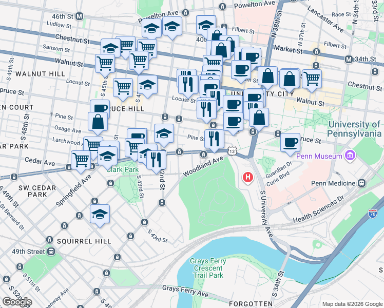 map of restaurants, bars, coffee shops, grocery stores, and more near Woodland Terrace in Philadelphia
