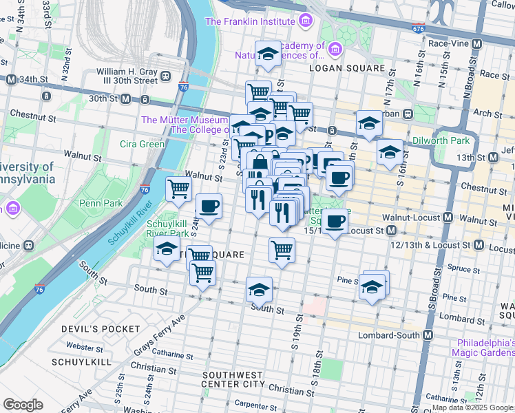 map of restaurants, bars, coffee shops, grocery stores, and more near 2103 League Street in Philadelphia