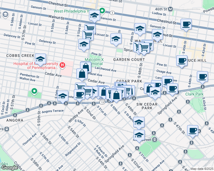 map of restaurants, bars, coffee shops, grocery stores, and more near 5012 Cedar Avenue in Philadelphia