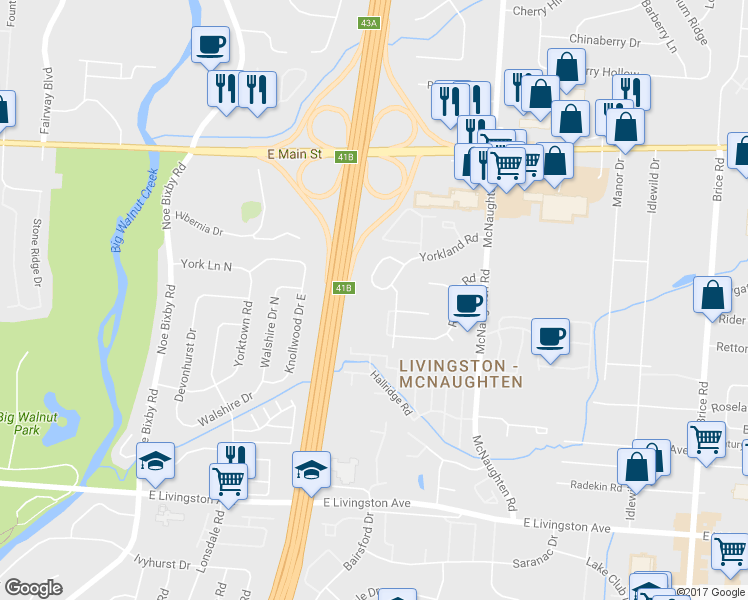 map of restaurants, bars, coffee shops, grocery stores, and more near 1459 Orchard Park Drive in Columbus