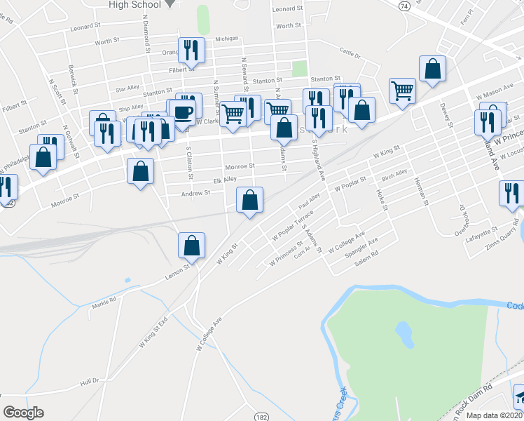 map of restaurants, bars, coffee shops, grocery stores, and more near 1569 West King Street in West York