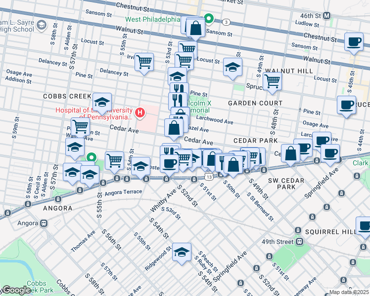 map of restaurants, bars, coffee shops, grocery stores, and more near 5141 Walton Avenue in Philadelphia