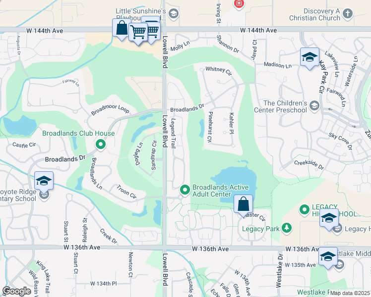 map of restaurants, bars, coffee shops, grocery stores, and more near 13803 Legend Way in Broomfield