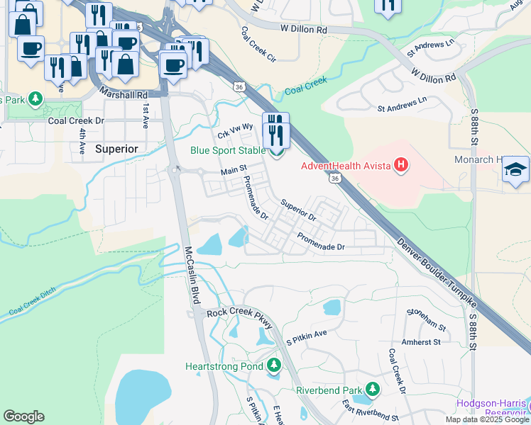 map of restaurants, bars, coffee shops, grocery stores, and more near 2300 Marigold Place in Louisville