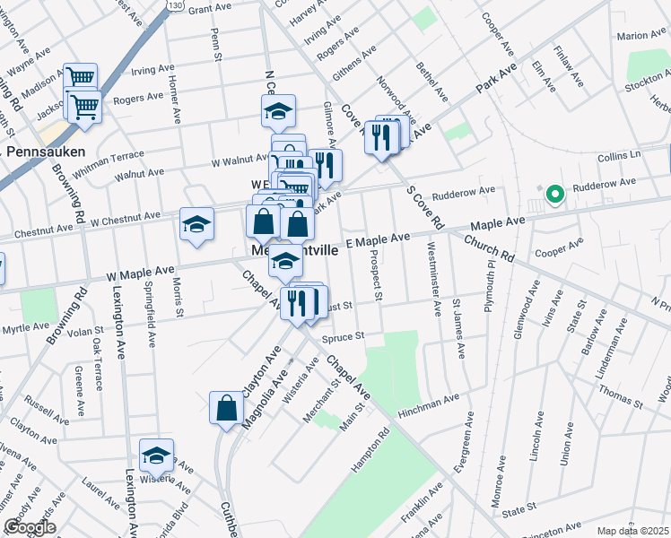 map of restaurants, bars, coffee shops, grocery stores, and more near 120 Woodlawn Avenue in Merchantville