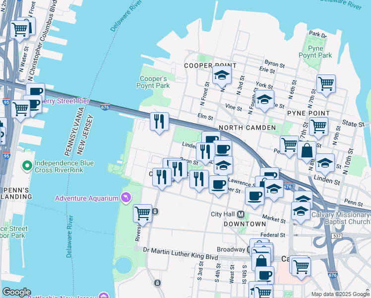 map of restaurants, bars, coffee shops, grocery stores, and more near 323 North Front Street in Camden
