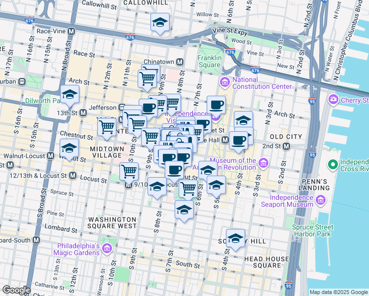 map of restaurants, bars, coffee shops, grocery stores, and more near 729 Sansom Street in Philadelphia
