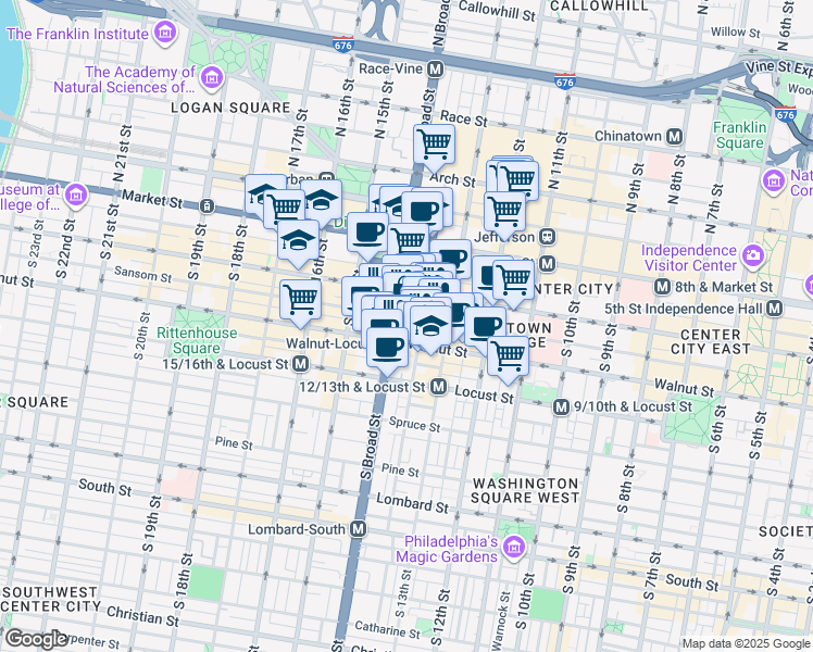 map of restaurants, bars, coffee shops, grocery stores, and more near 1325 Walnut Street in Philadelphia