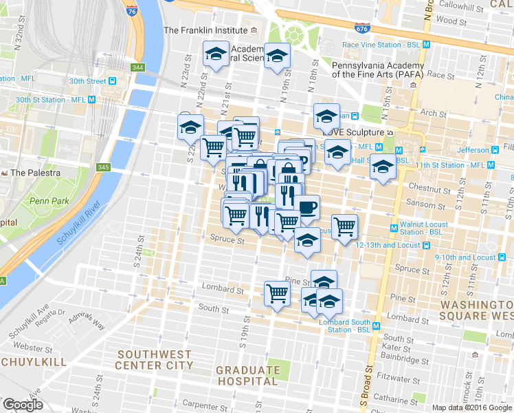 map of restaurants, bars, coffee shops, grocery stores, and more near in Philadelphia