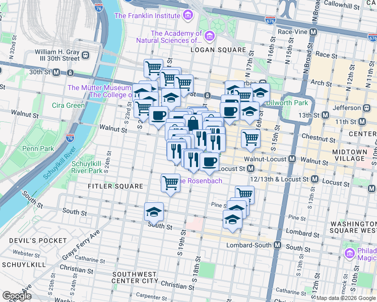 map of restaurants, bars, coffee shops, grocery stores, and more near in Philadelphia