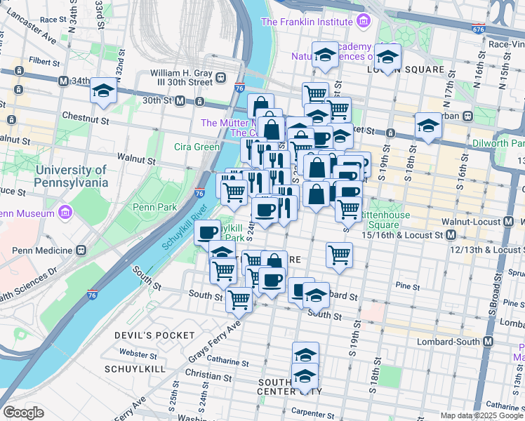 map of restaurants, bars, coffee shops, grocery stores, and more near in Philadelphia