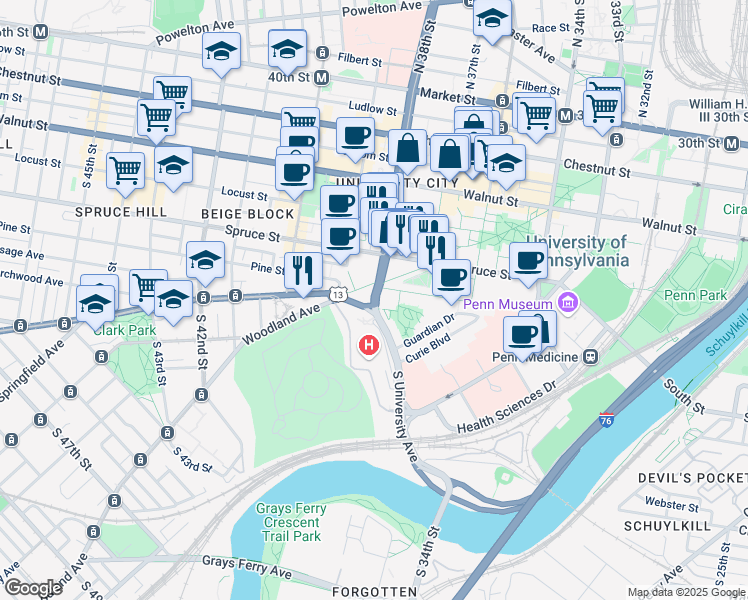 map of restaurants, bars, coffee shops, grocery stores, and more near 425 South University Avenue in Philadelphia
