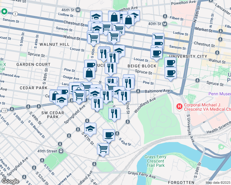 map of restaurants, bars, coffee shops, grocery stores, and more near 4224 Baltimore Avenue in Philadelphia