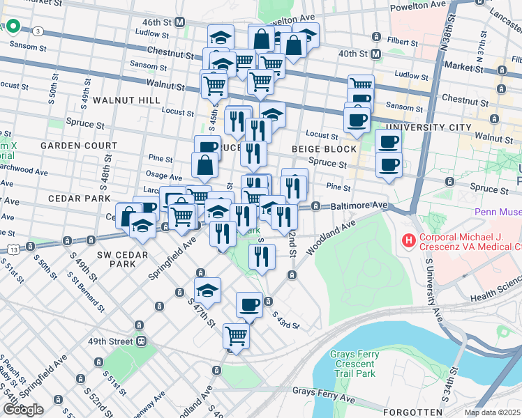 map of restaurants, bars, coffee shops, grocery stores, and more near 4224 Baltimore Avenue in Philadelphia
