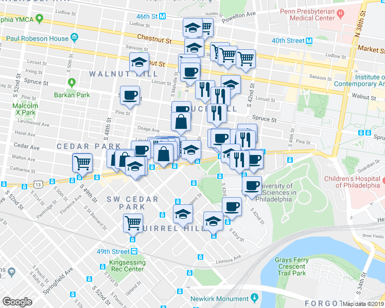 map of restaurants, bars, coffee shops, grocery stores, and more near 516 South 44th Street in Philadelphia