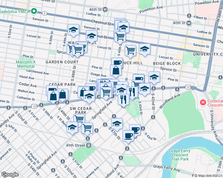 map of restaurants, bars, coffee shops, grocery stores, and more near 532 South 45th Street in Philadelphia