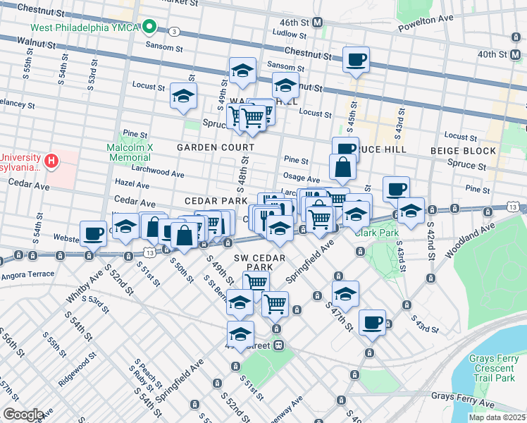 map of restaurants, bars, coffee shops, grocery stores, and more near 4711 Cedar Avenue in Philadelphia